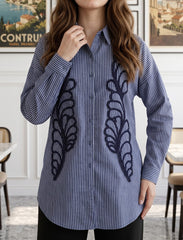Pret - Moven - Shirt with Floral Embroidery and Stone Work Details - Blue
