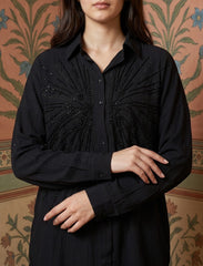 Pret - Moven - Shirt with Floral Embroidery and Stone Work Details - Black