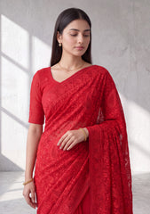 Formals - Fancy Closet - Georgette Embroidered Chiffon Saree - D#01 - Red
