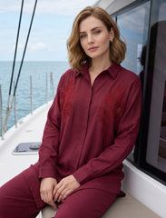 Pret - Moven - Shirt with Floral Embroidery and Stone Work Details - Burgundy
