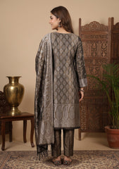 Winter - Fancy Silk Zari Jamawar - 3 Pcs Suit - D#13 - Brown