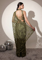 Fancy Chantilly Lace Saree - Olive Green