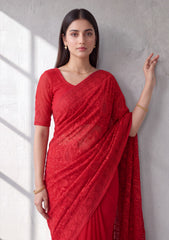 Formals - Fancy Closet - Georgette Embroidered Chiffon Saree - D#01 - Red