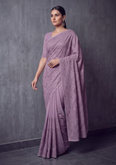 Formals - Fancy Closet - Georgette Embroidered Chiffon Saree - D#01 - Lilac