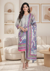 Winter - Riwaj - Printed Pashmina - 3 Pcs Suit - D#01 - P White