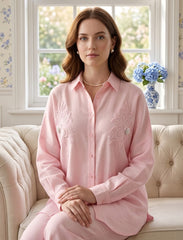 Pret - Moven - Shirt with Floral Embroidery and Stone Work Details - Pink