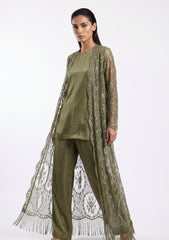 Formals - Chantilly Lace Saree - Mehndi Green