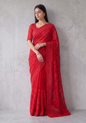 Formals - Fancy Closet - Georgette Embroidered Chiffon Saree - D#01 - Red