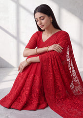 Formals - Fancy Closet - Georgette Embroidered Chiffon Saree - D#01 - Red