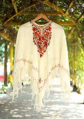 Kashmiri Ari Work Poncho D - 01 - Cream 1