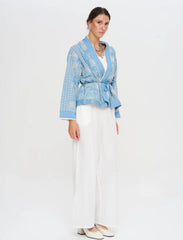 Pret - Moven - Premium Short Kimono with Ethnic Embroidery and Belt - Blue