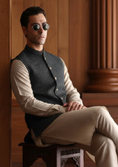 Elite Men China Boski Unstitched Waistcoat Fabric - D#18 - Black