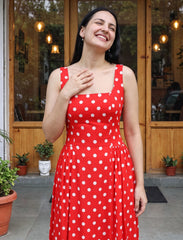 Pret - Moven - Polka Dot Dress With Waist Gathers - Red