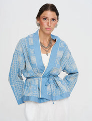 Pret - Moven - Premium Short Kimono with Ethnic Embroidery and Belt - Blue