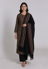 Winter - Riwaj - Printed Cotray Suit - Wool Shawl - D#13 - Black