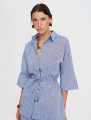 Pret - Moven - Indigo Linen Women's Shirt with Belt - Blue