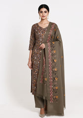 Winter - Riwaj - Printed Cotray Suit - Wool Shawl - D#15 - Brown