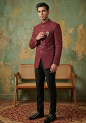 Elite Men Indian Silk Embroidered & Sequenced Unstitched Fabric - D#04 - Maroon