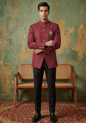 Elite Men Indian Silk Embroidered & Sequenced Unstitched Fabric - D#04 - Maroon