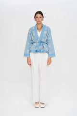 Pret - Moven - Premium Short Kimono with Ethnic Embroidery and Belt - Blue