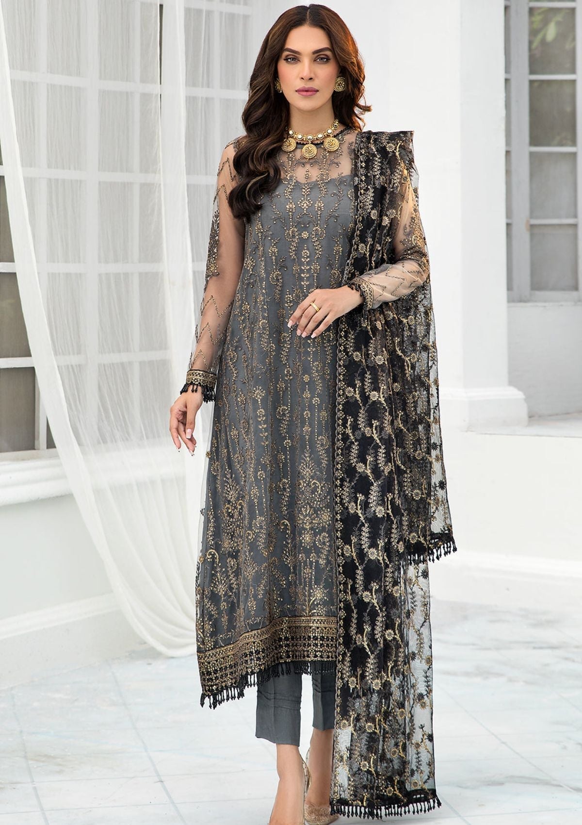 Formal Dress - Zarif - De Luxury - Chiffon - ZDL#03 (Graphite) by Saleem Fabrics PK