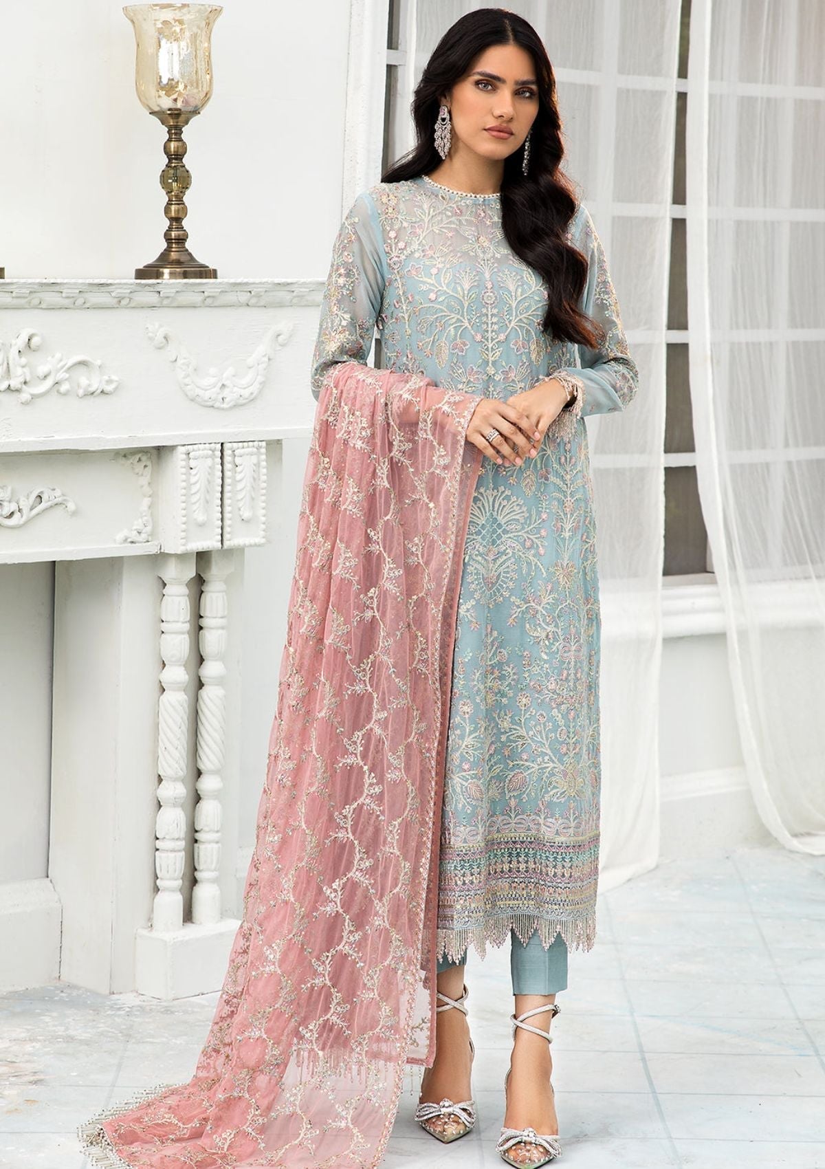 Formal Dress - Zarif - De Luxury - Chiffon - ZDL#04 (Blue Mist) available at Saleem Fabrics Traditions