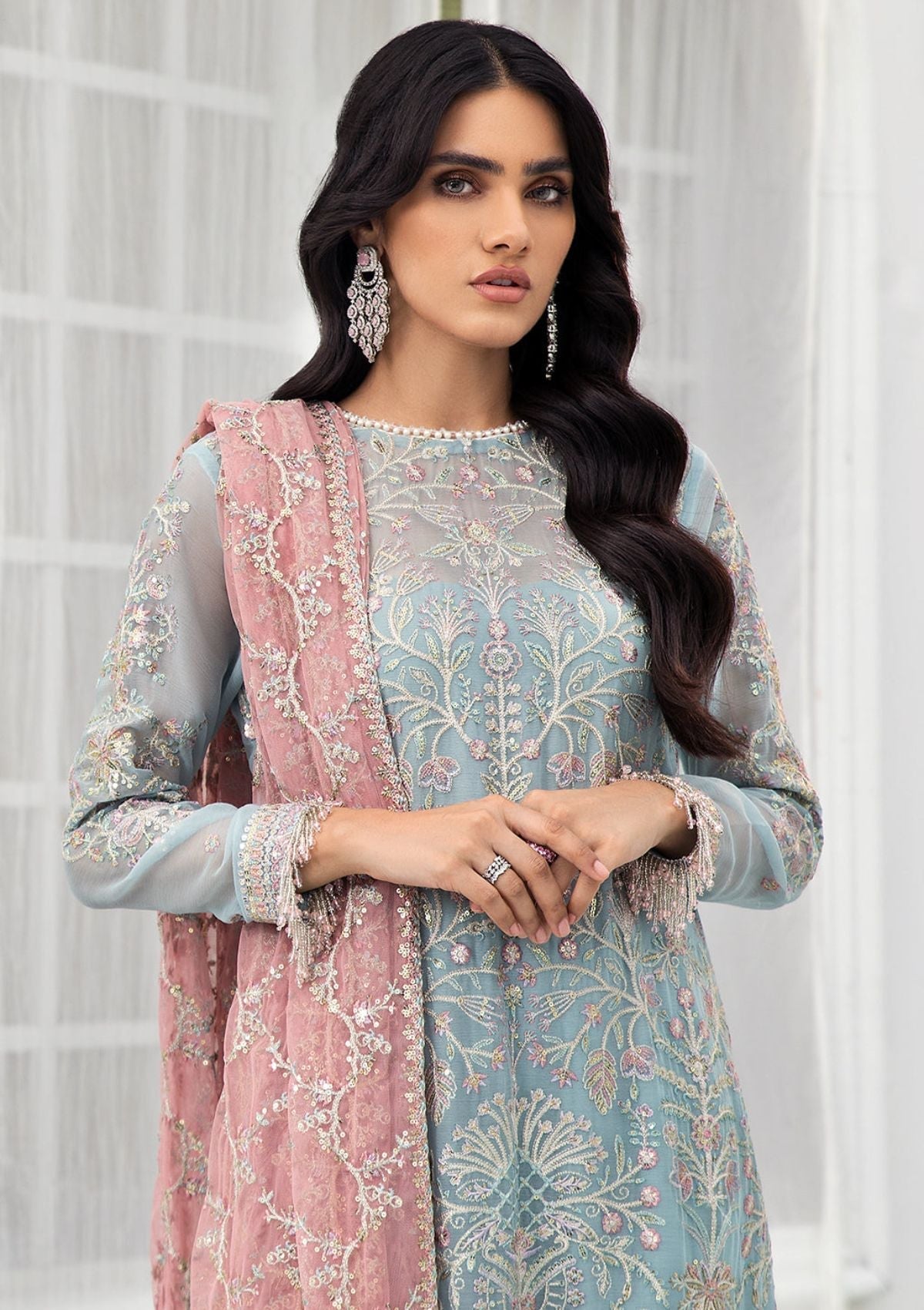 Formal Dress - Zarif - De Luxury - Chiffon - ZDL#04 (Blue Mist) available at Saleem Fabrics Traditions