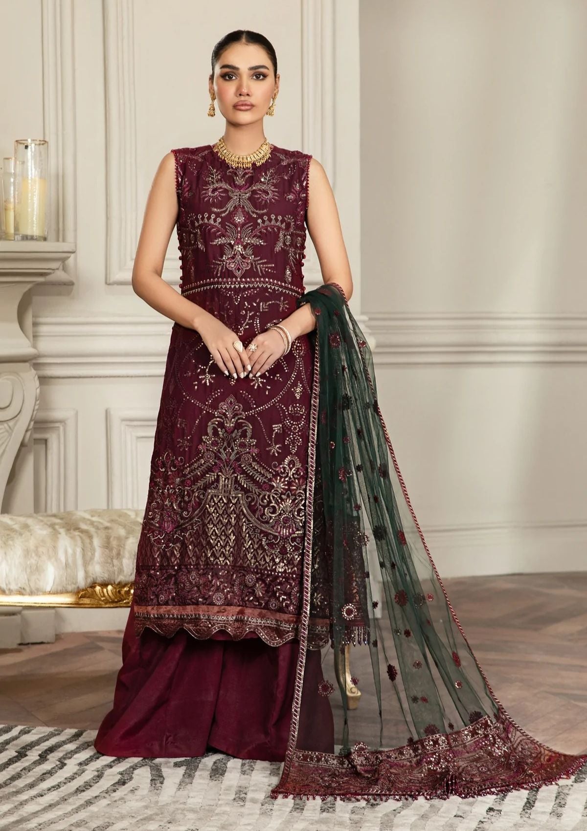 Formal Dress - Zarif - Mehroze - BERRY WOOD available at Saleem Fabrics Traditions