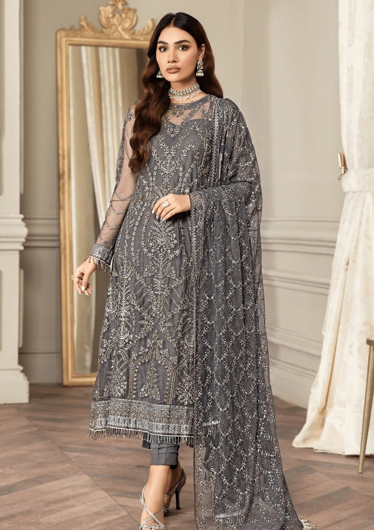 Formal Dress - Zarif - Mehroze - STORM GREY available at Saleem Fabrics Traditions