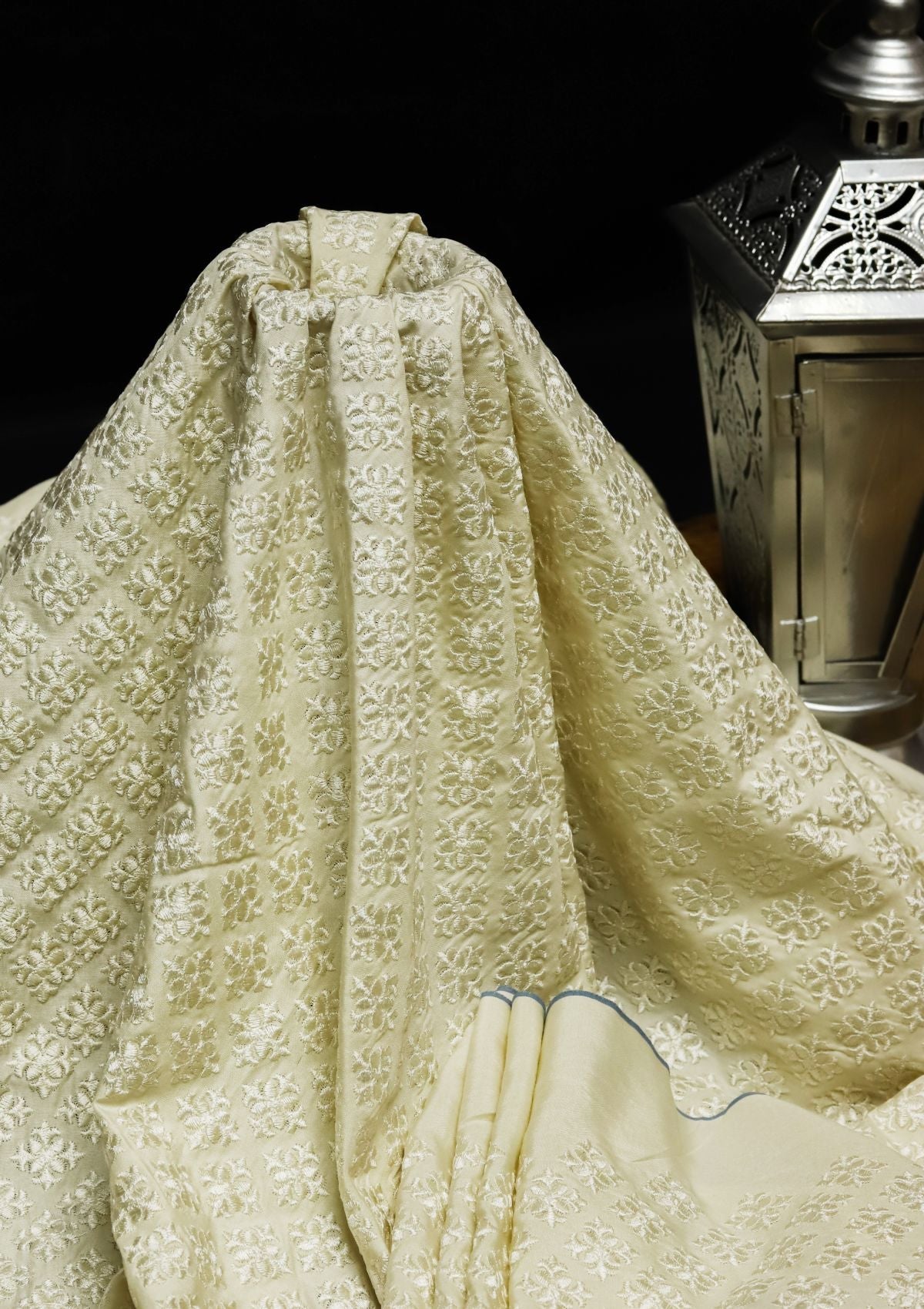 Grey Selvege Emb Boski D#13 (Off White) available at Saleem Fabrics Traditions