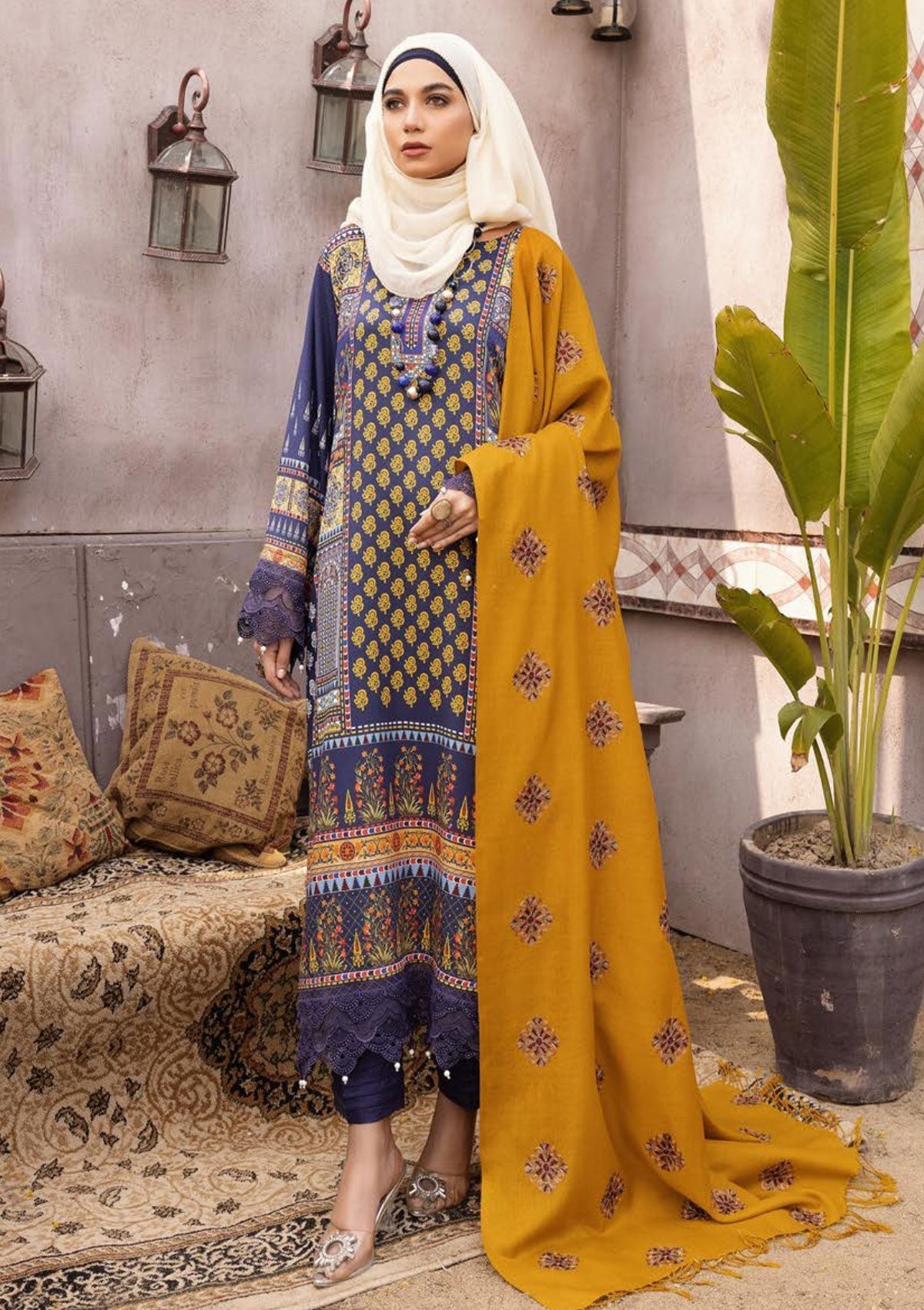 Winter Collectiion - Dua - Gul-e-Zarki - Indigo - IWD#05 available at Saleem Fabrics Traditions