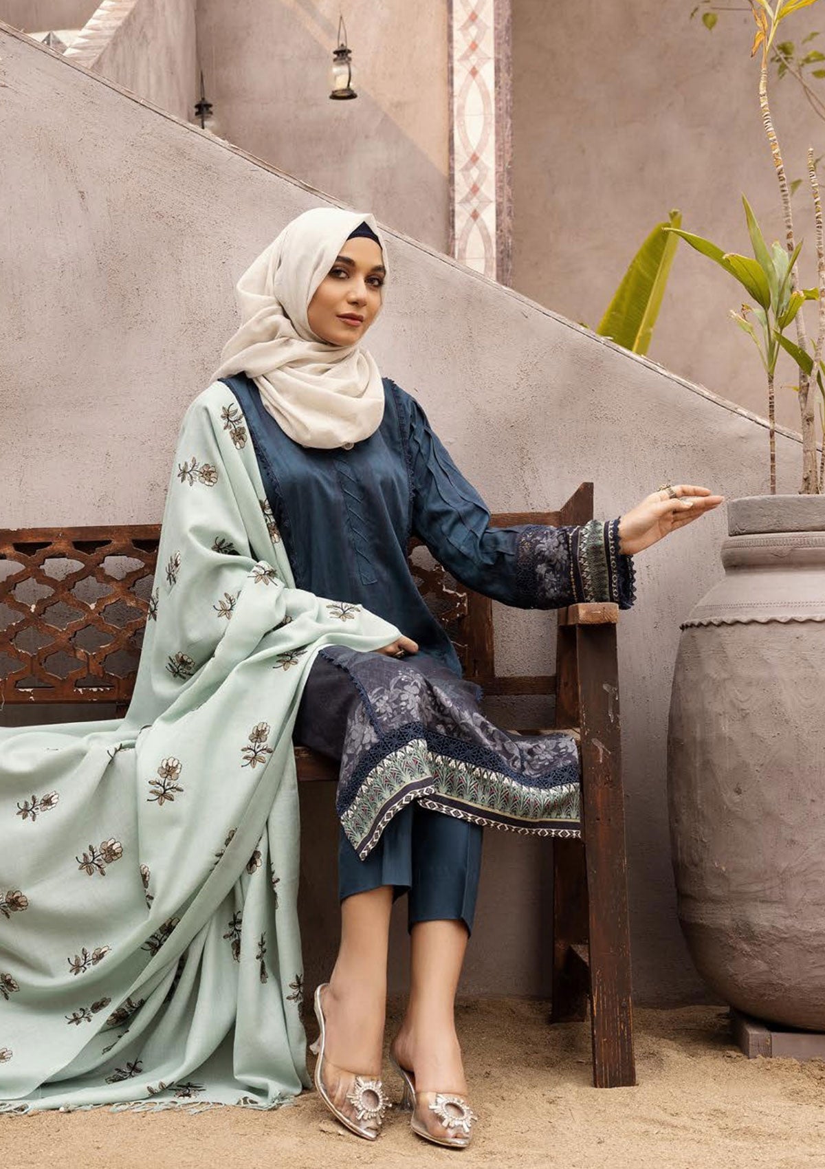 Winter Collectiion - Dua - Gul-e-Zarki - Indigo - IWD#11 available at Saleem Fabrics Traditions
