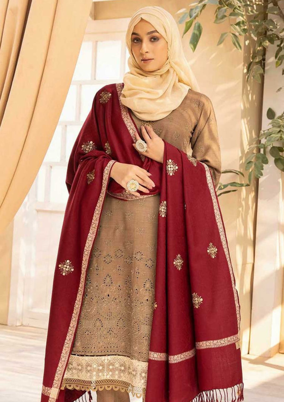 Winter Collection - Dua - Gul e Zarki - Camellia - Wool - D#02 available at Saleem Fabrics Traditions