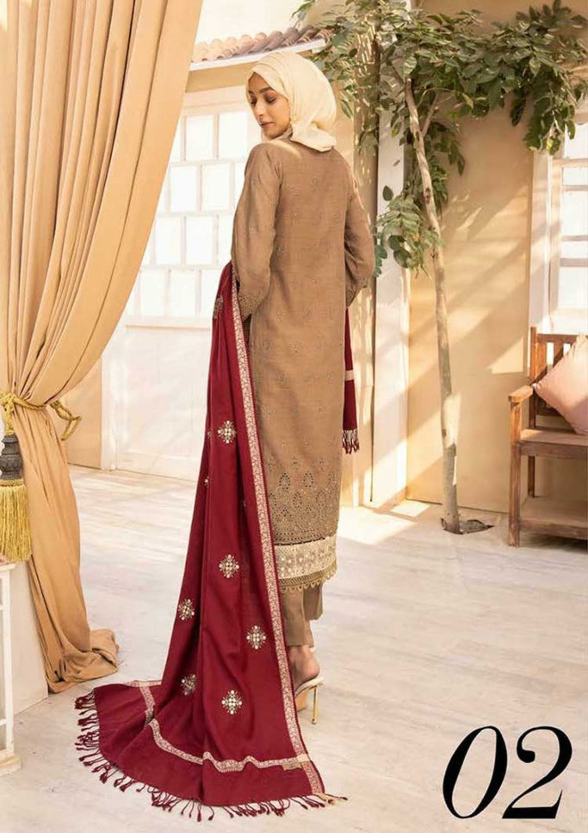 Winter Collection - Dua - Gul e Zarki - Camellia - Wool - D#02 available at Saleem Fabrics Traditions