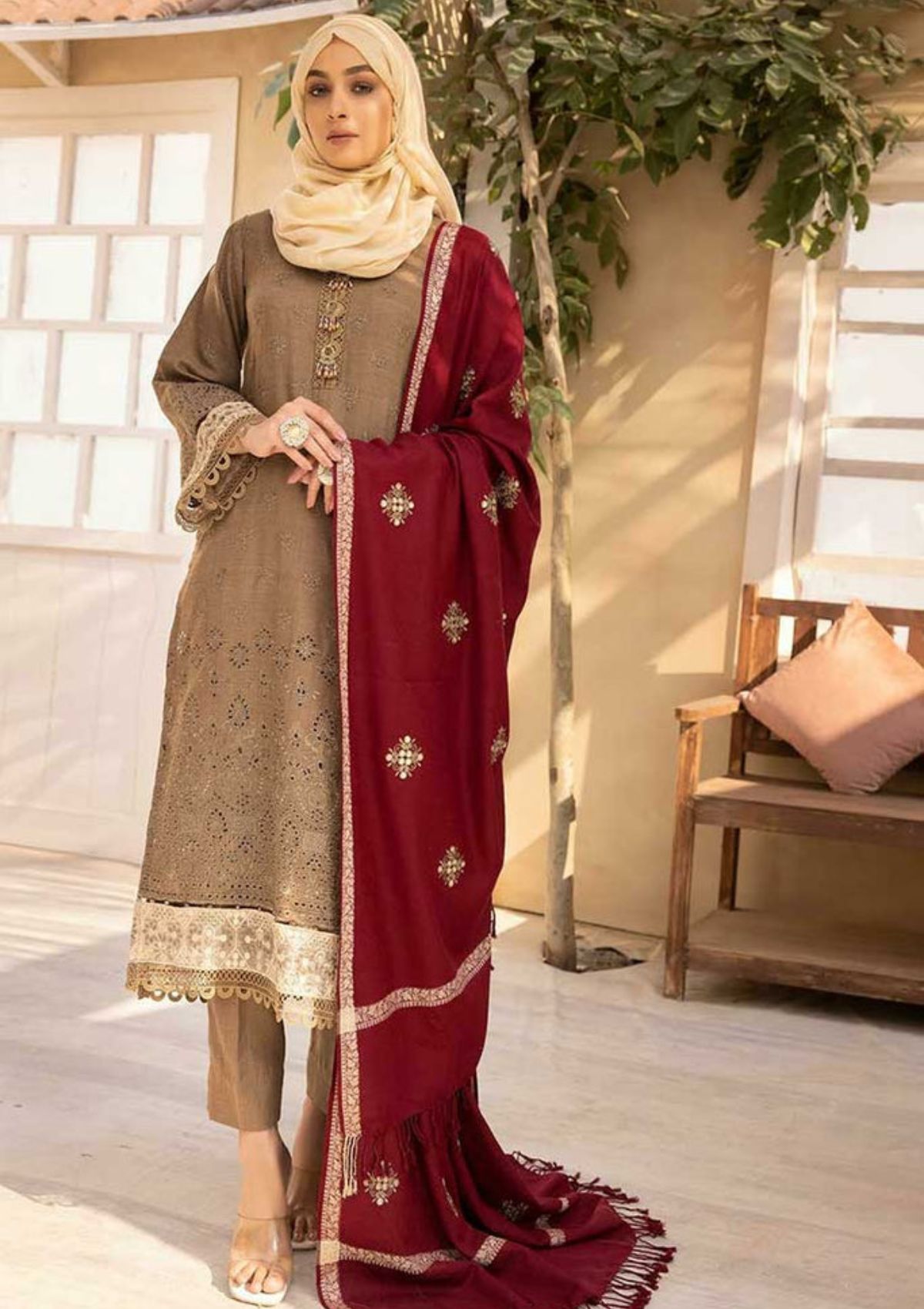 Winter Collection - Dua - Gul e Zarki - Camellia - Wool - D#02 available at Saleem Fabrics Traditions
