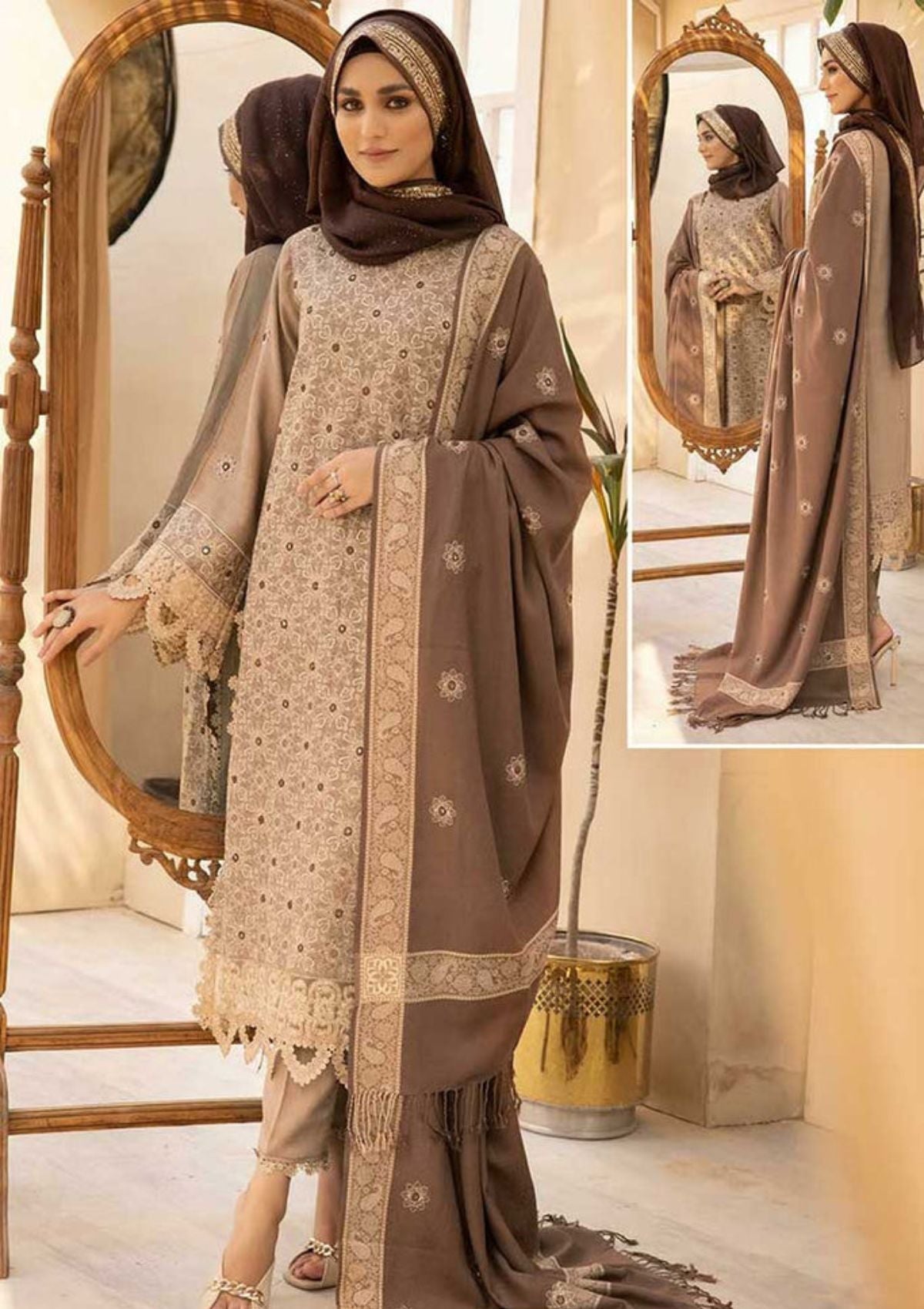 Winter Collection - Dua - Gul e Zarki - Camellia - Wool - D#03 available at Saleem Fabrics Traditions