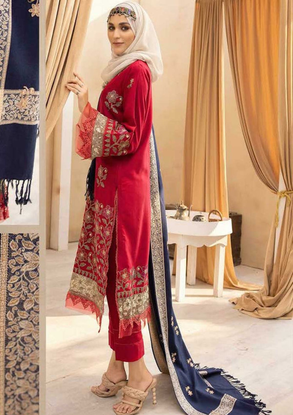 Winter Collection - Dua - Gul e Zarki - Camellia - Wool - D#05 available at Saleem Fabrics Traditions