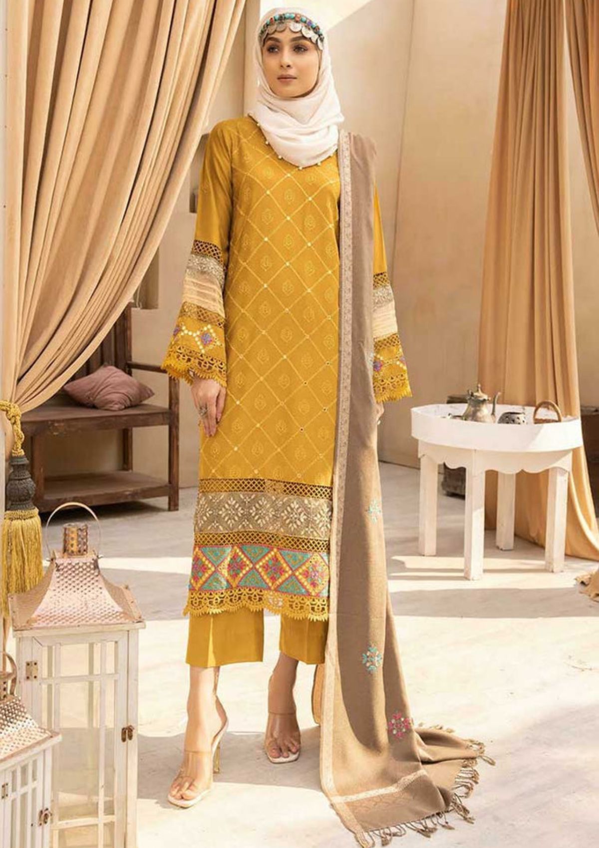 Winter Collection - Dua - Gul e Zarki - Camellia - Wool - D#06 available at Saleem Fabrics Traditions