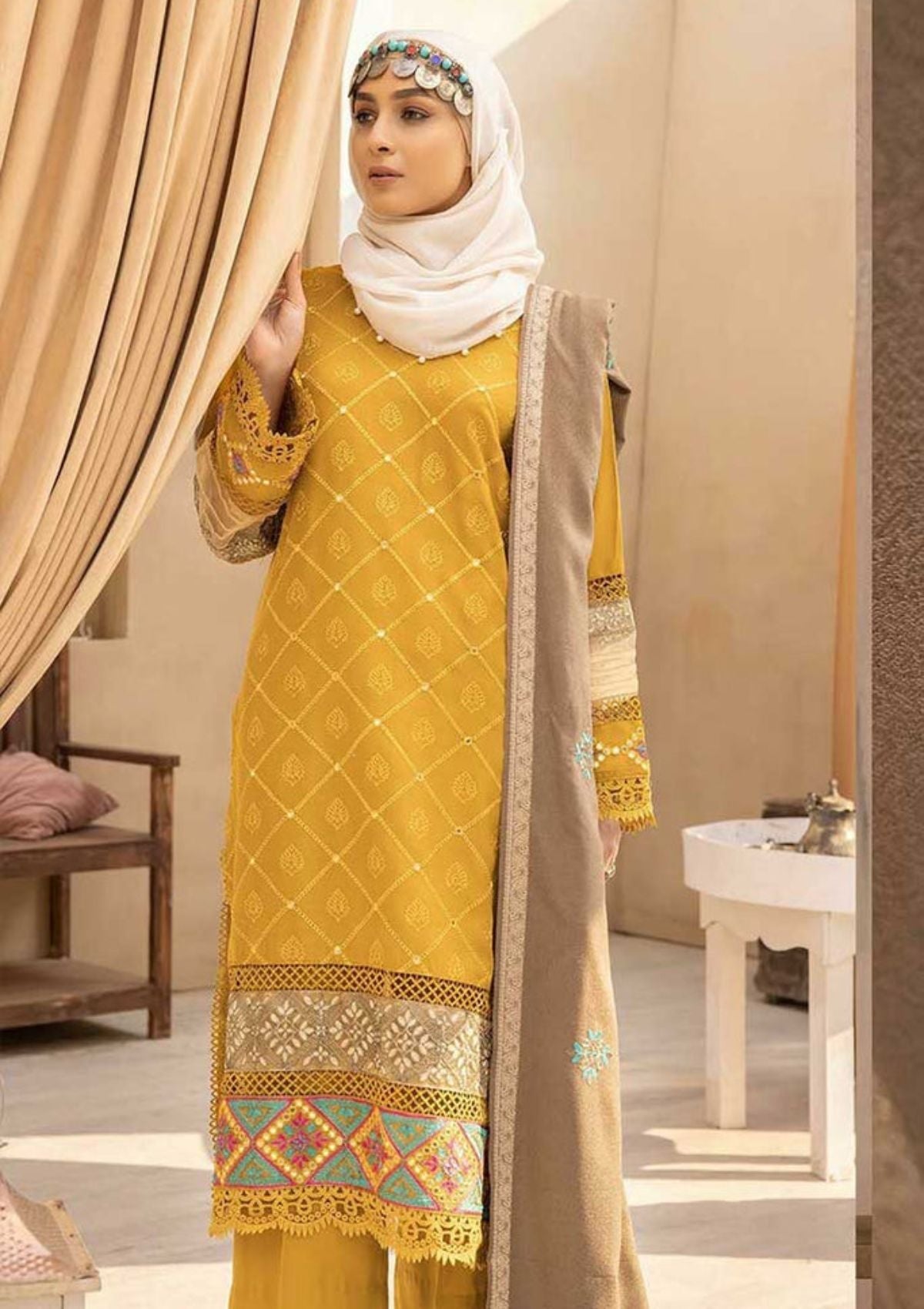 Winter Collection - Dua - Gul e Zarki - Camellia - Wool - D#06 available at Saleem Fabrics Traditions