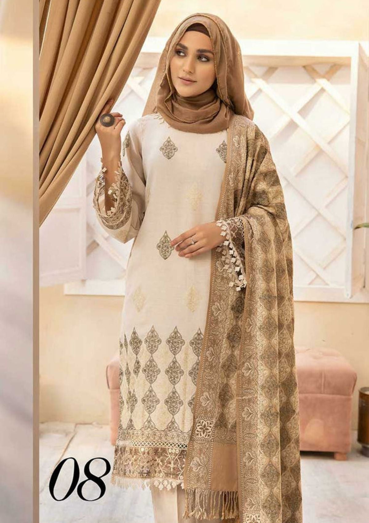 Winter Collection - Dua - Gul e Zarki - Camellia - Wool - D#08 available at Saleem Fabrics Traditions