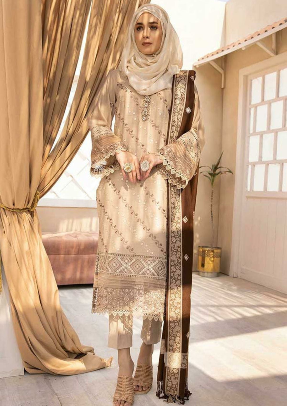 Winter Collection - Dua - Gul e Zarki - Camellia - Wool - D#09 available at Saleem Fabrics Traditions