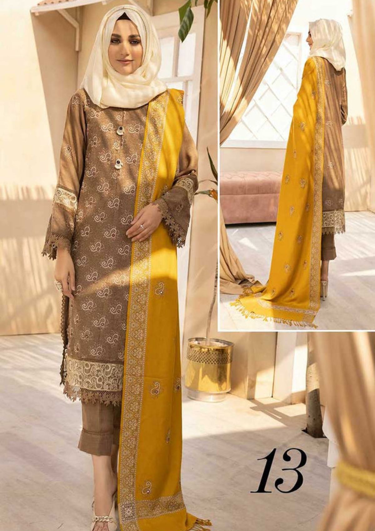 Winter Collection - Dua - Gul e Zarki - Camellia - Wool - D#13 available at Saleem Fabrics Traditions