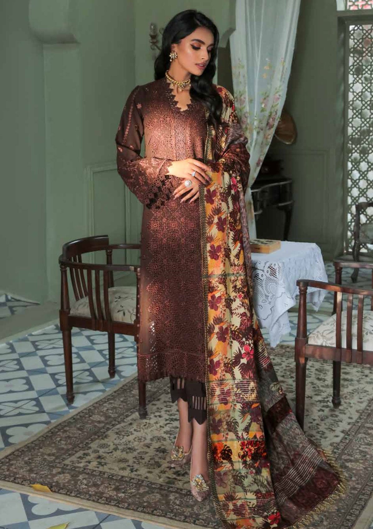 Winter Collection - Nureh - Chikankari - Leather Peach - NEP#12 available at Saleem Fabrics Traditions