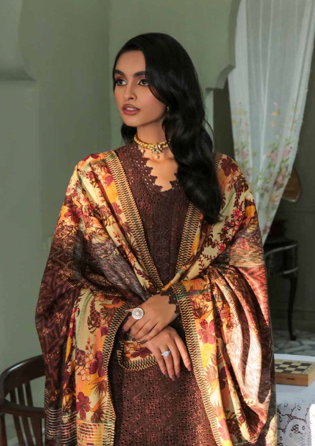 Winter Collection - Nureh - Chikankari - Leather Peach - NEP#12 available at Saleem Fabrics Traditions