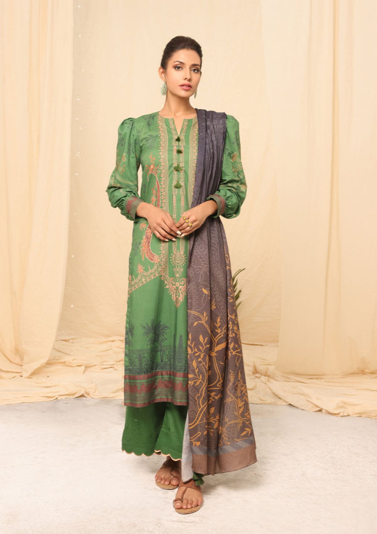 Winter Collection - Salitex - Printed Linen - V01 - WK#01174 (Green) available at Saleem Fabrics Traditions