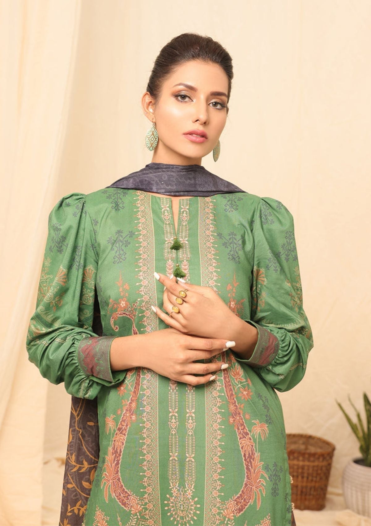 Winter Collection - Salitex - Printed Linen - V01 - WK#01174 (Green) available at Saleem Fabrics Traditions