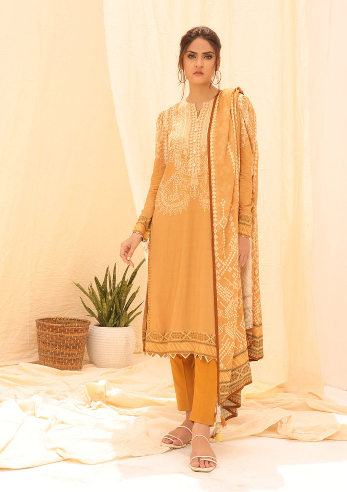 Winter Collection - Salitex - Printed Linen - V01 - WK#01178 (Beig) available at Saleem Fabrics Traditions