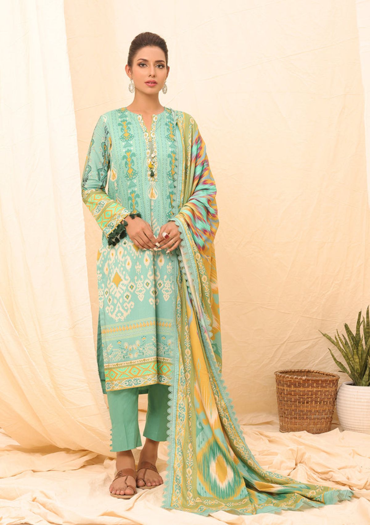 Winter Collection - Salitex - Printed Linen - V01 - WK#01180 (C Green) available at Saleem Fabrics Traditions