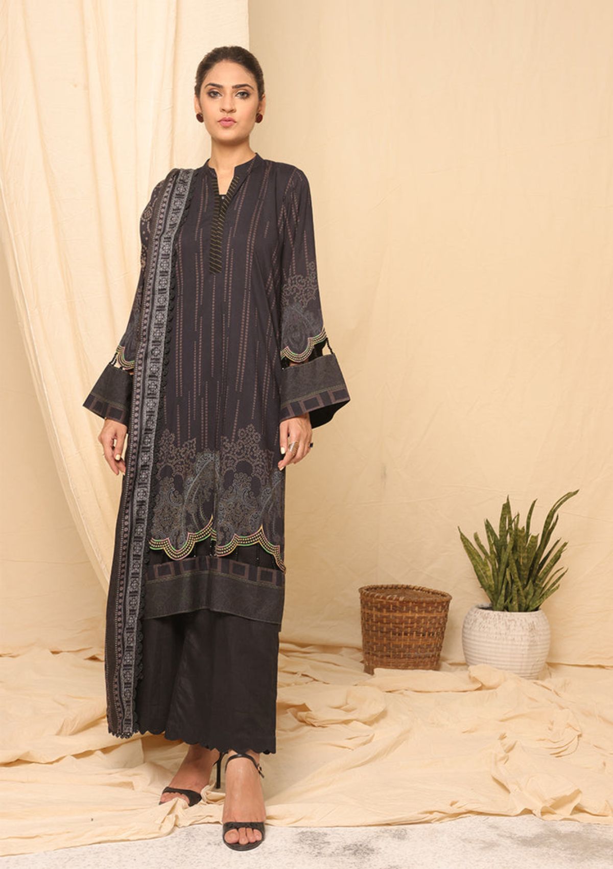 Winter Collection - Salitex - Printed Linen - V01 - WK#01181 (Charcoal) available at Saleem Fabrics Traditions