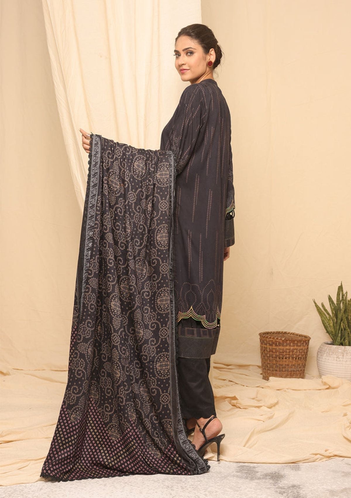 Winter Collection - Salitex - Printed Linen - V01 - WK#01181 (Charcoal) available at Saleem Fabrics Traditions